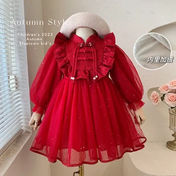 Lányok bársony párnázott ruhája 2023 őszén és telén Új gyermek új kínai hálós hercegnő szoknya Pettiskirt divat