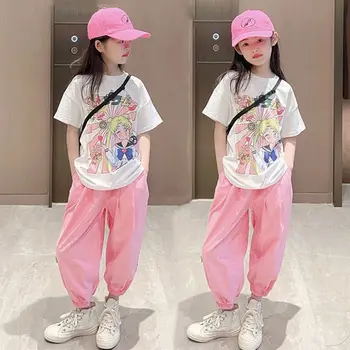 Lányok nyári öltönye Új koreai stílusú ifjúsági tizenéves lányok divat anime nyomtatás pólók+nadrágok 2db szett 4-14 éves lányok ruhái