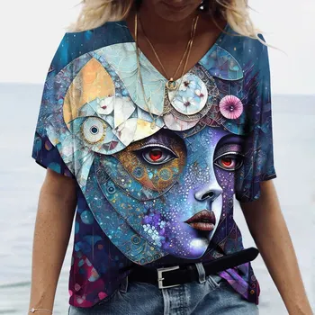 Mechanikus női arc3D nyomtatású pólók Női alkalmi divat Streetwear rövid ujjú V-nyakú póló Harajuku pólók felsők ruházat