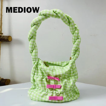 MEDIOW Preppy stílusú táskák nőknek Luxus designer kézitáskák és pénztárcák 2023 Új nylon kockás íjban díszítő csavaros heveder váll