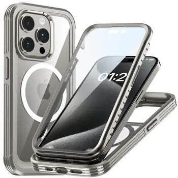 Mágneses tok iPhone 15 Pro Max Plus 5G-hez Kompatibilis a Mag-safe, beépített edzett üveg teljes testet betöltő masszív lökhárító átlátszó tokkal