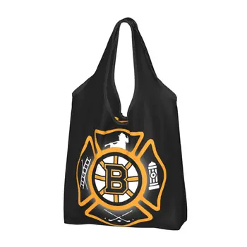 Nagy újrafelhasználható tűzoltó Boston Fire Bruins stílusú élelmiszerboltok táskái újrahasznosítható összecsukható bevásárló ökotáska tasakkal mosható