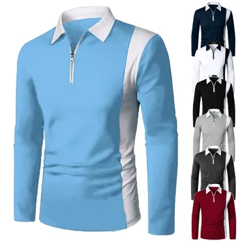 New Men Colorblock Fashion Thin Regular hosszú ujjú hajtóka 7 Colors póló cipzárral Alkalmi kényelmes felső