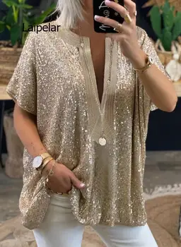 Női rövid ujjú flitteres póló Nyári felső Femme pólók Női ingek Ruhák Szexi V nyak 2021 laza alkalmi ezüst arany színű