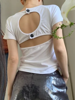 Női szexi üreges nyitott hátsó póló nyári rövid ujjú hölgy gomb felső koreai éjszakai klub party karcsúsító elegáns póló
