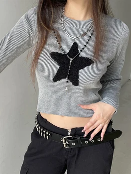 Női Y2K bordázott pulóver Vintage hímzés Star hosszú ujjú legénység nyak kötött ing crop tops slim grunge kötöttáru