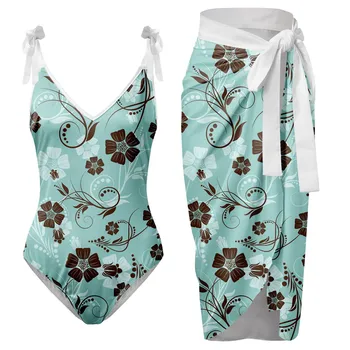 Nők Flóra nyomtatás Vintage Bikini szettek Fürdőruha és szoknya Szexi Aszimmetrikus Egyrészes fürdőruha Női borító Strandfürdőruhák