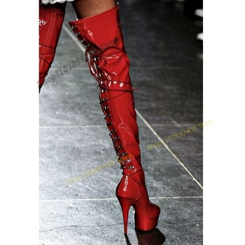 Piros hátsó kereszt térdre kötve Csizma Solid Platform lakkbőr vékony magas sarkú női cipő 2023 Szexi Zapatos Para Mujere