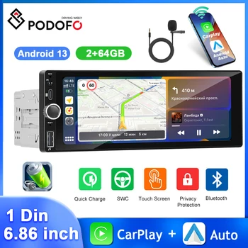 Podofo 6.86'' autórádió Carplay Android Auto 1Din multimédia lejátszó Android rádió MP5 lejátszó IPS képernyő tükör link autórádió