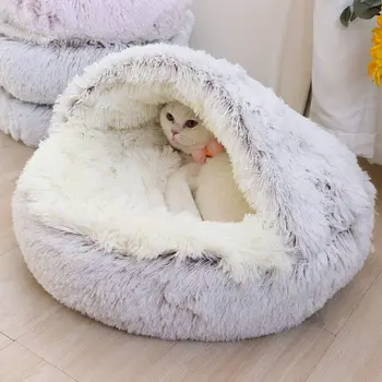 Puha plüss kisállatágy fedővel kerek macskaágy kisállat matrac meleg macska kutya 2 az 1-ben alvó fészekbarlang kistestű kutyák számára