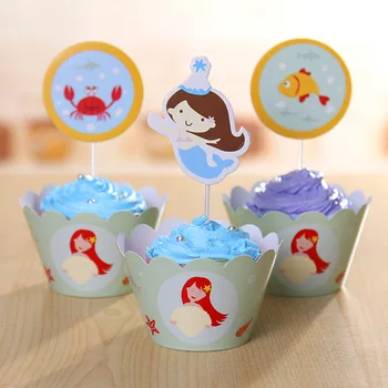 Rajzfilm cupcake csomagolók és topperek Babaváró lány Boldog születésnapot party dekorációk A gyerekek kedvelik a kis hableány parti kellékeket
