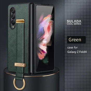 Samsung Galaxy Z Fold 4 3 2 Case luxus bőrborítás hordozható csuklópánttal Kézpánt kitámasztó fém gyűrű