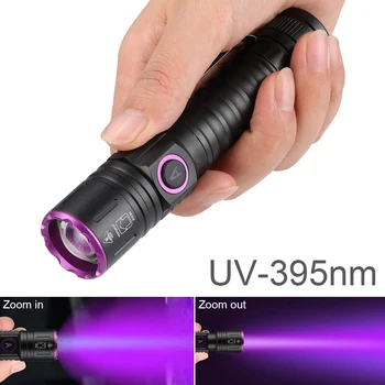 SecurityIng 395nm UV fekete fényű zseblámpa Nagyítható USB újratölthető fekete fény zsebcsipesszel kisállat kutya vizelethez / skorpiókhoz