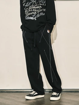 Sportnadrág Férfi fekete geometrikus mintás mintás gyapjúbélésű őszTéli laza egyenes Hosszú mikroelasztikus divat All-Match