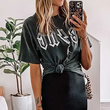 Superchic GRAPHIC TEE BOLT női mosott fekete pólók rövid ujjú O-nyakú nyári felsők pólók streetwear pólók nők