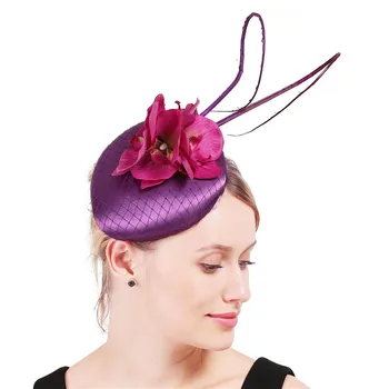 Szatén esküvői lila Fascinator kalapok Fejpánt Elegáns nők Hölgyek Virágos fejfedők hajcsatokkal Kiegészítők Party alkalom