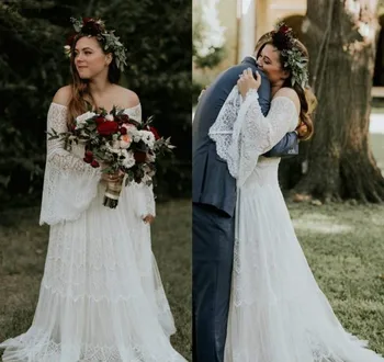 Teljes csipke Boho esküvői ruhák 2019 Egy vonal le a vállról Bohémia nyári vidéki kert hivatalos menyasszonyi menyasszonyi ruhák egyedi készítésű