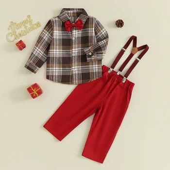 Toddler Boy 2 részes öltöny kockás gombos hosszú ujjú ing csokornyakkendővel és harisnyanadrággal Nadrág nyári hivatalos ruhához