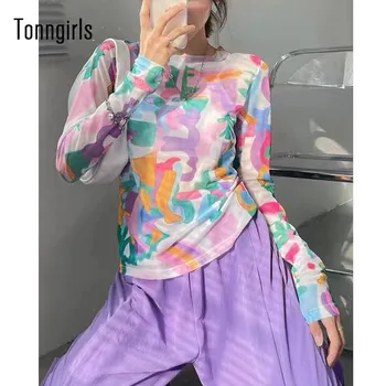 Tonngirls Japán stílusú Y2k esztétikus hálós felsők áttetsző hosszú ujjú pólók női nyakkendőfesték Art Print utcai ruházat