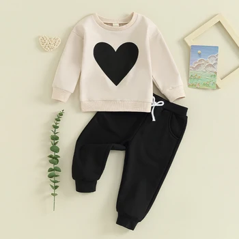 Totyogó lány Fiú Valentin-napi ruhák szív mintás hosszú ujjú pulóver Egyszínű nadrág 2 db ruha Gyermekruházat