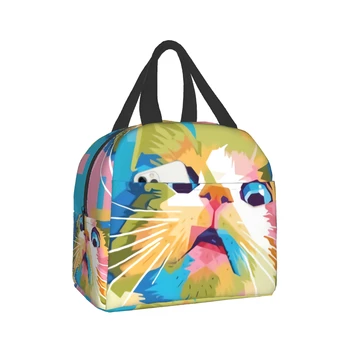 Vicces macska uzsonnás táskák Coloful Cat Lunch Tote újrafelhasználható szigetelt hűtőtáska nőknek Férfiak, gyerekek és felnőttek Munka Iskolai piknik