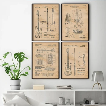 Vintage elektromos basszusgitárok Szabadalmi nyomatok Fali szoba Vászon poszter Esztétika Művészet dekoráció Diák Tanár Zene Leo Fender ventilátor