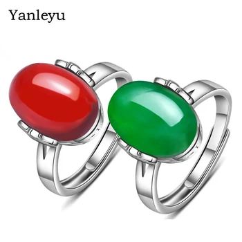 Yanleyu Luxury Vintage Green&Red achát gyűrű 925 Ezüst színű eredeti esküvői ékszerek állítható méretű gyűrűk nőknek PR361
