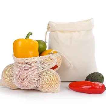 Zöldséges zacskók Népszerű pamut gyümölcs és zöldség húzózsinórral újrafelhasználható otthon 1PC konyhai tároló hálózsákok mosógépben mosható
