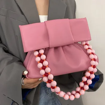 Íj női táska rózsaszín válltáska Tavasz Nyár Aranyos gyöngyfűző Kuplung Pénztárca Esküvői party Divat crossbody táska