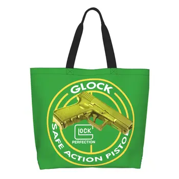 Újrafelhasználható Glock bevásárlótáska női vállvászon táska tartós USA kézifegyver pisztoly logó élelmiszerbolt bevásárlótáskák
