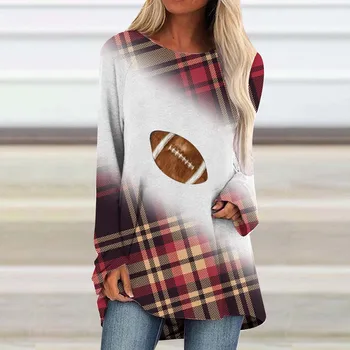 Őszi téli női rögbi kockás patchwork pólók 2023 divatos Y2K túlméretezett felsők O-nyakú hosszú ujjú szórakoztató grafikus pólók utcai ruházat